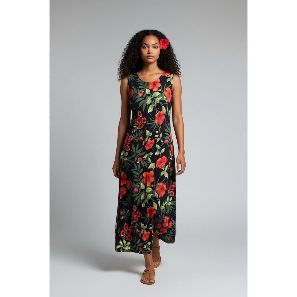 VTG Tropical Hawaiian Dress Maxi 90s Flowey Black Orange Goth Tie Back Boho XL - Picture 1 of 5